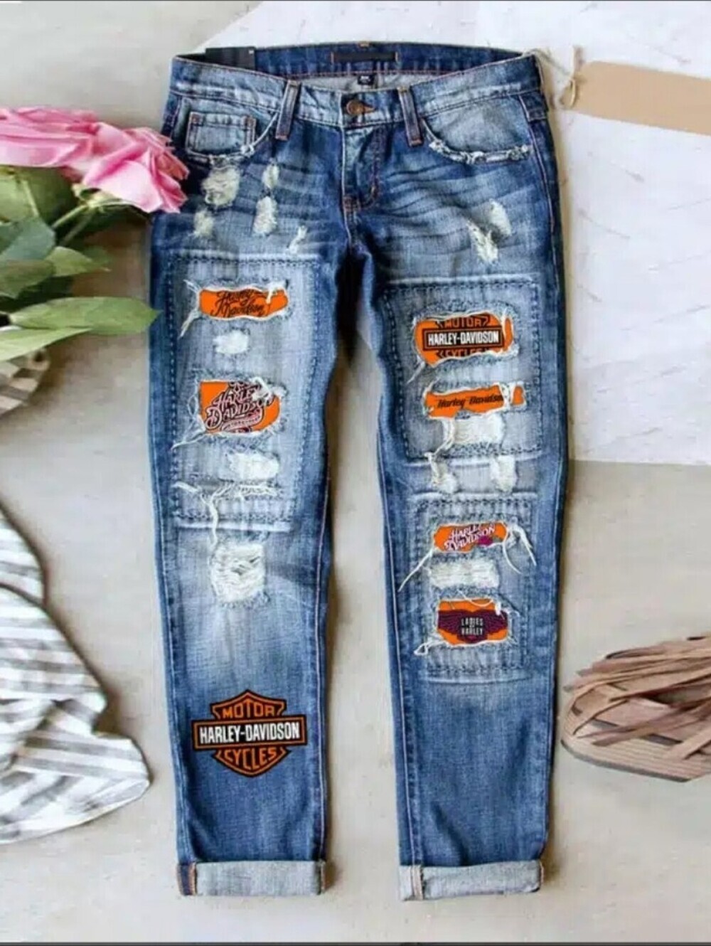Distressed Patchwork Denim Jeans Motorcycle Biker Y2K Streetwear Straight Leg XL